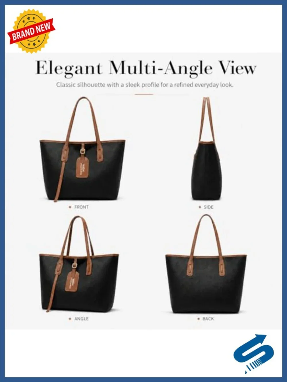 Large Black Tote Bag with Zipper, Leather-Look Shoulder Purse, Brown Handles,